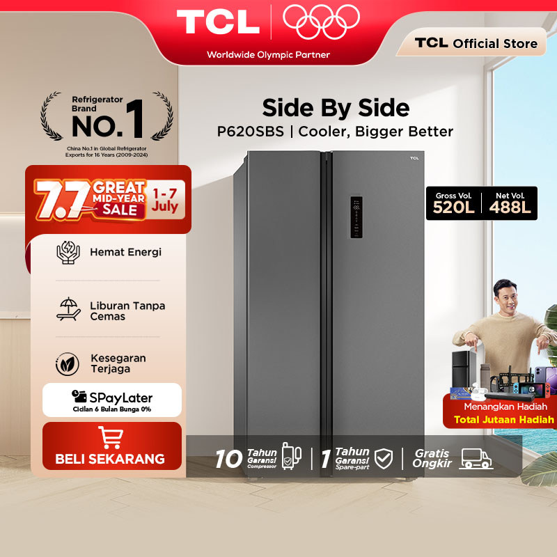 TCL Kulkas 2 Pintu Side by Side - Kapasitas 520L - Holiday Mode - Twin Eco Inverter - AAT Gen 2 Natu