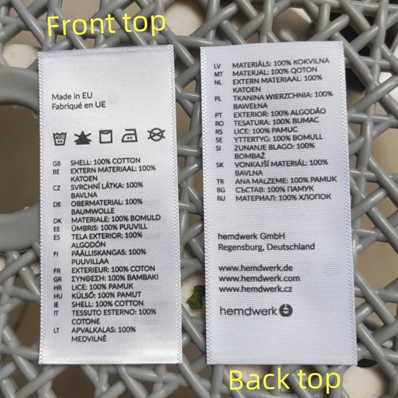 

500PCS Custom Both sides print Care Label two languages 3.5 * 8 cm Made in EU Satin Washing Labels