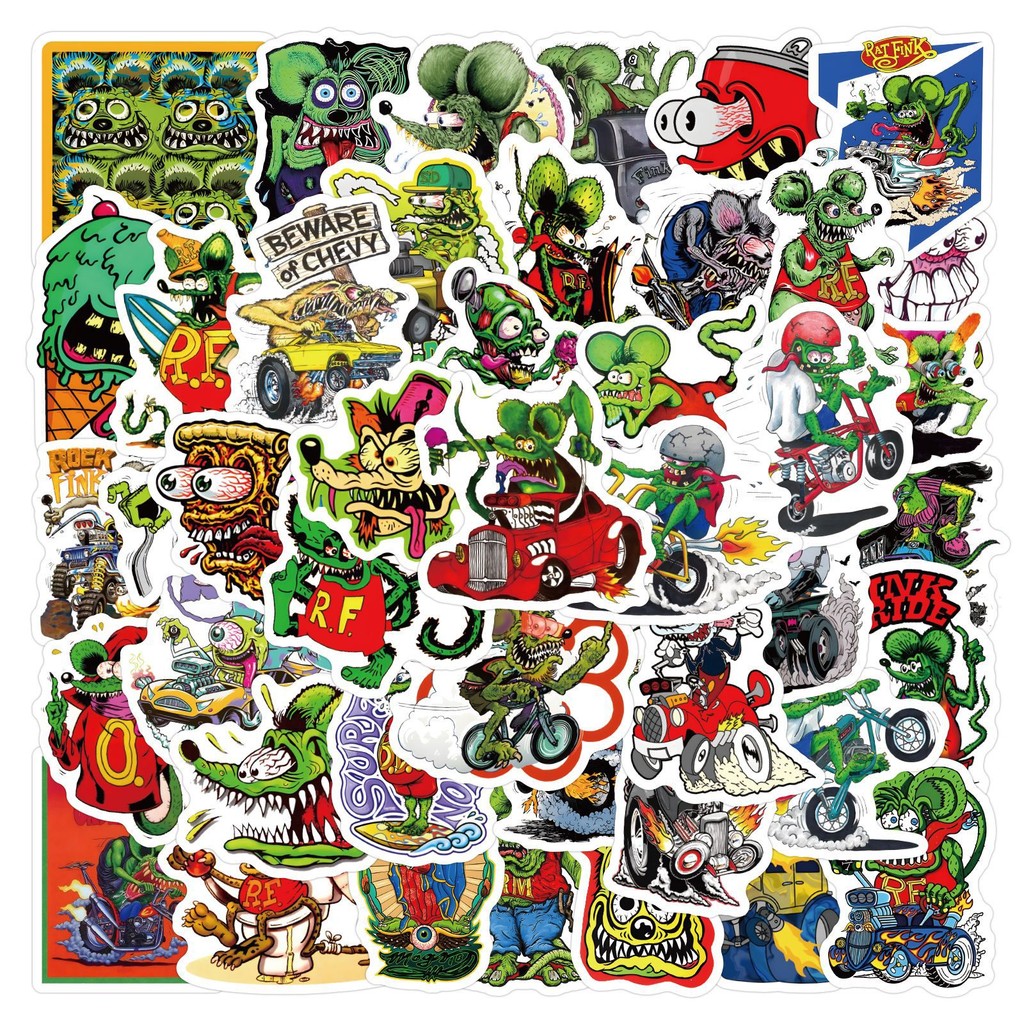 

62PCS Rat Fink Cartoon Mouse Funny Anime Phone Laptop Car Stickers for Luggage Guitar Helmet Skateboard Bike Motorcycle Sticker