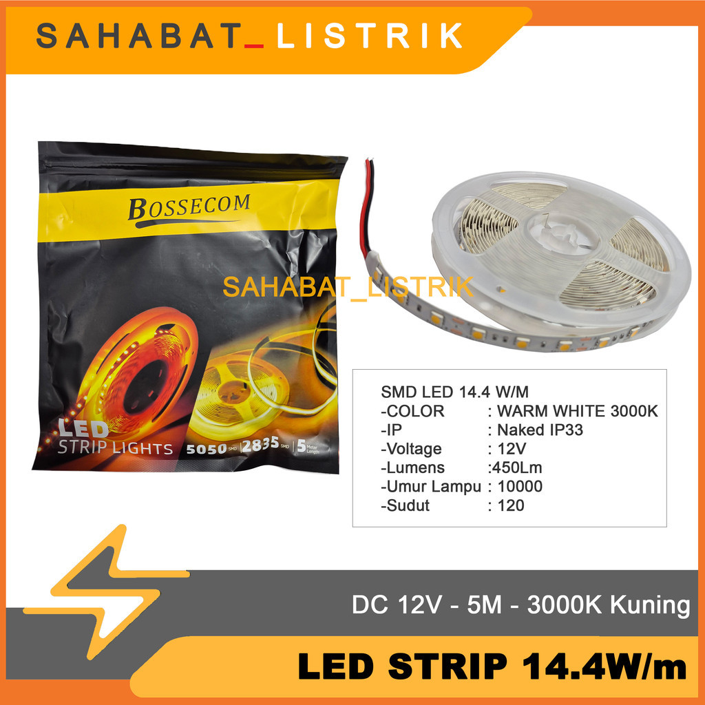 LAMPU LED STRIP BOSSECOM DC 12V 14.4 WATT  ROLL 5 METER