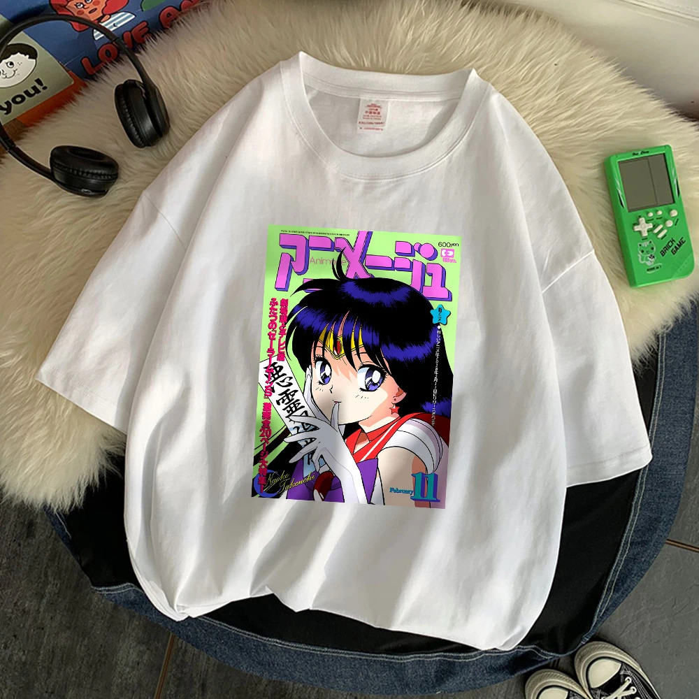 Poster Kartun Sailor Moon Pola Cetak Kaos Wanita Pakaian Musim Panas Kaos Cantik Klasik Atasan Mudah