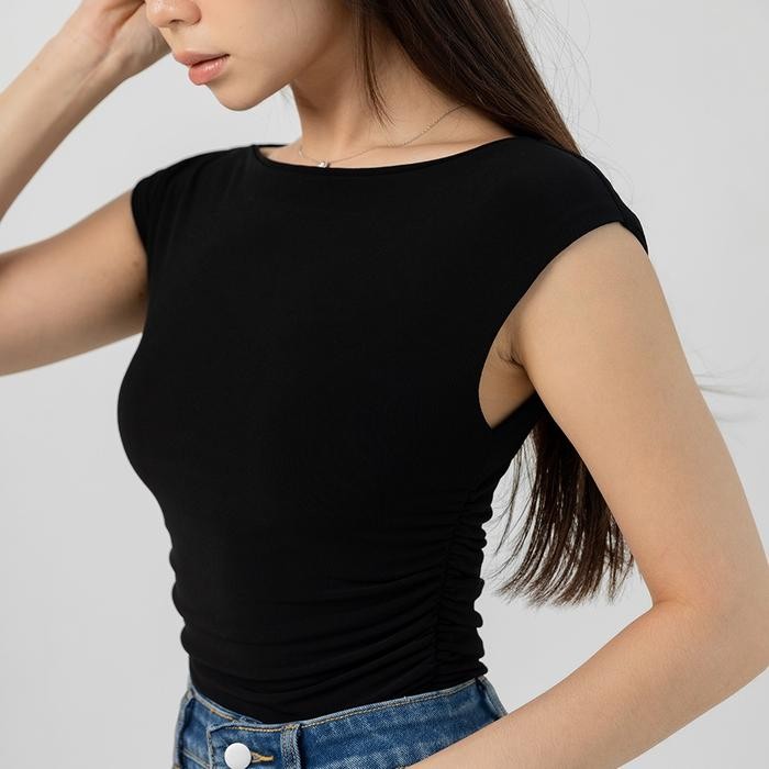 Evertops -1.0 / Mina Ruched Top (Boat Neck) / Atasan Wanita Tanktop - BLACK, S