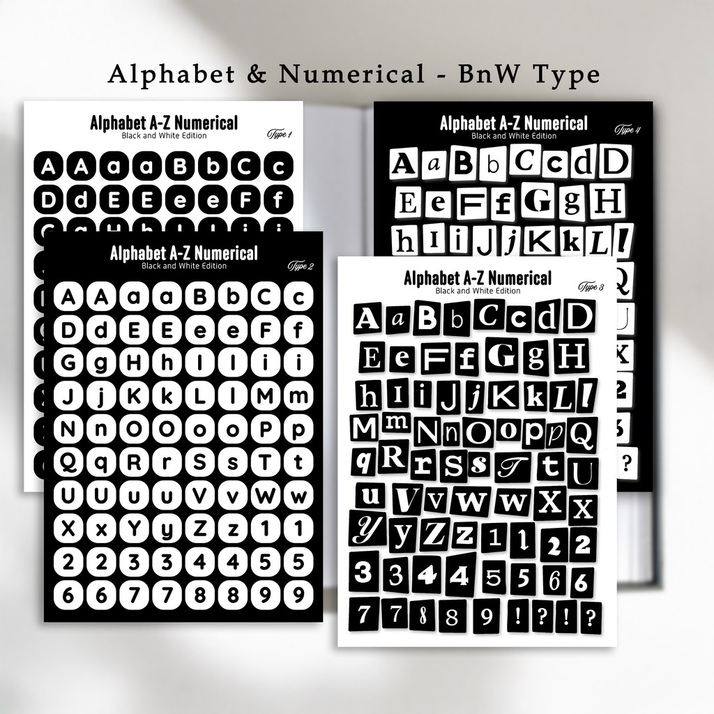 

Stiker Alfabet Huruf A-Z Numeric Hitam Putih | Stiker Dekorasi Scrapbook