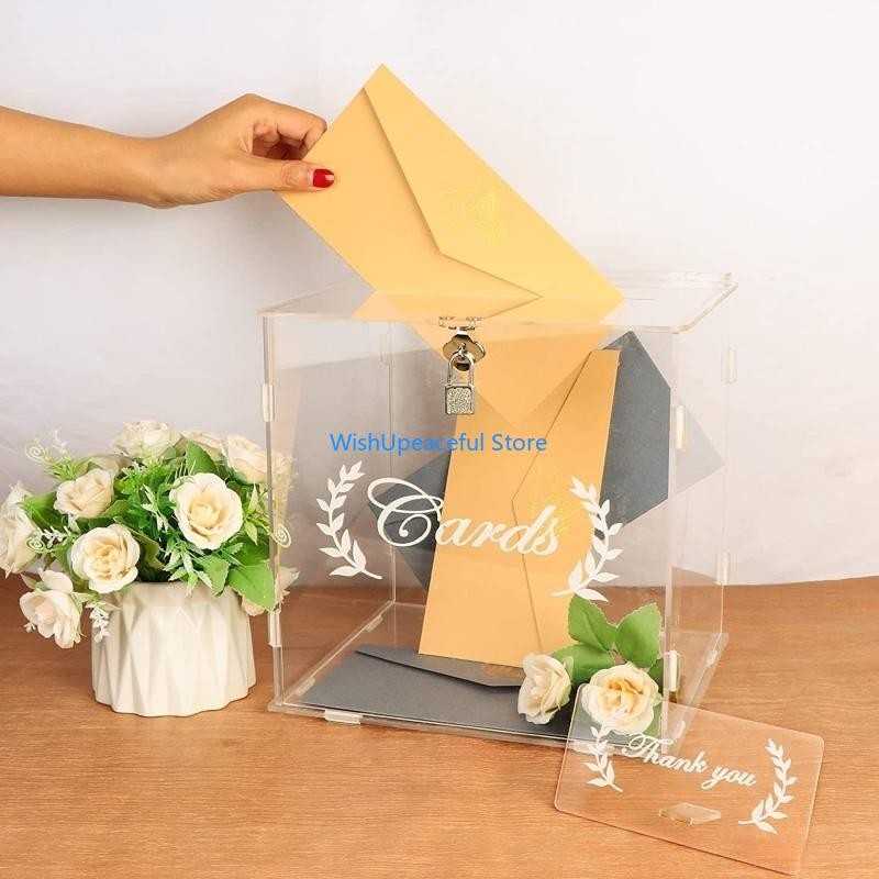 

34YA Acrylic Wedding Card Box Money Post Gift Box Holder Clear Card Box Letter Envelope Boxes with Lock Slot for Reception