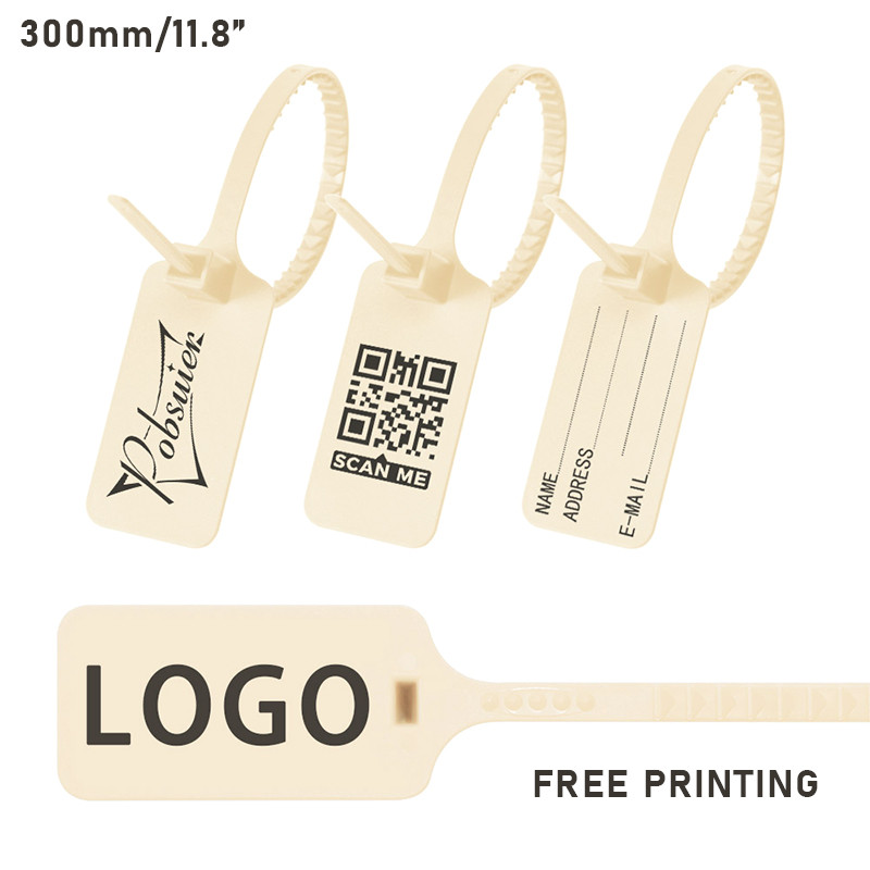 

100pcs Custom Brand Logo Tag Zip Ties Off Hang Labels White Plastic Security Seals Garment Clothes Shoes Bag Beige Cream 300mm