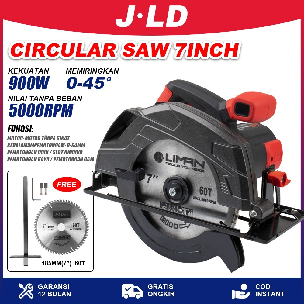 JLD CIRCULAR SAW 900w  Mesin Potong Kayu 7" Mesin Potong Kayu Gergaji Untuk Potong Kayu Pemakaian Ru