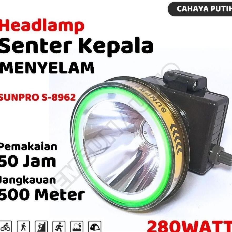 Senter Kepala Diving Cahaya Putih SUNPRO S-8962 280 Watt Tahan Hingga 50 Jam