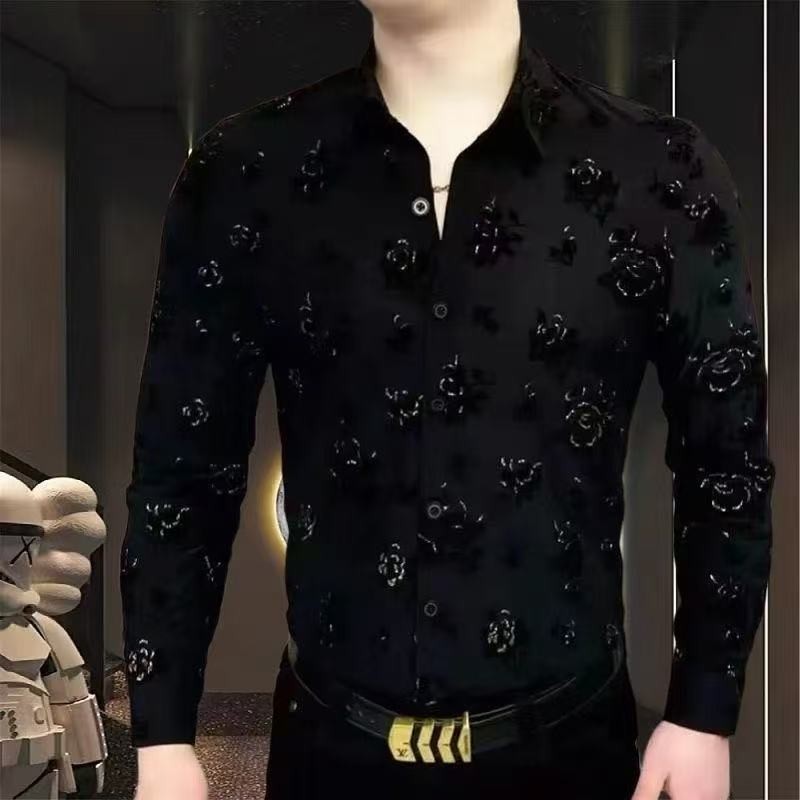 Kemeja kasual, lengan panjang Korea, cetakan mode, pria ramping.