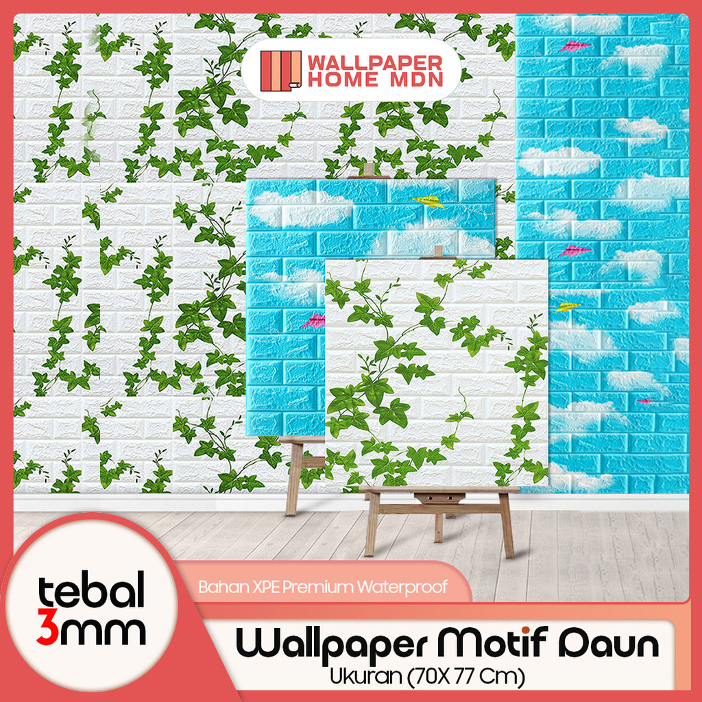 Wallpaper Home - Wallpaper Dinding Foam 3D Motif Awan & Daun Rambat 70x77cm kertas Batu