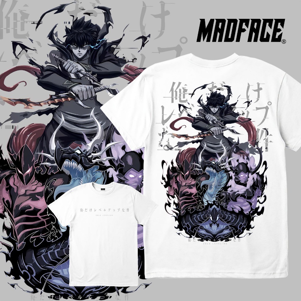 Pakaian MADFACE - Solo Leveling - Kaos Garis Anime - Kaos Putih - Merah - Biru Pria dan Wanita