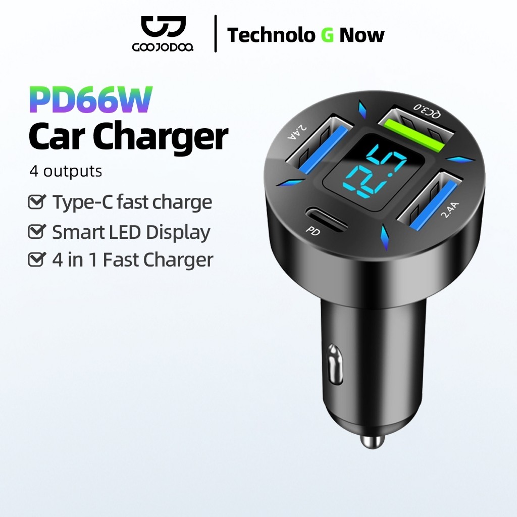 GOOJODOQ 4 IN 1 66W Car Charger Fast Charging Socket for iPhone Type C PD QC3.0 and USB 24V Truck