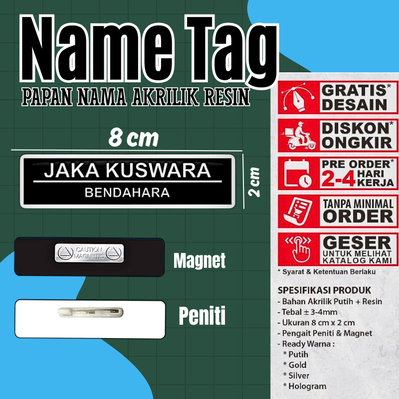 SEHARI JADI Name Tag Tebal 3 mm Nama Dada Papan Nama Grafir Gravir Gravier DOFF Laser MURAH( Nametag
