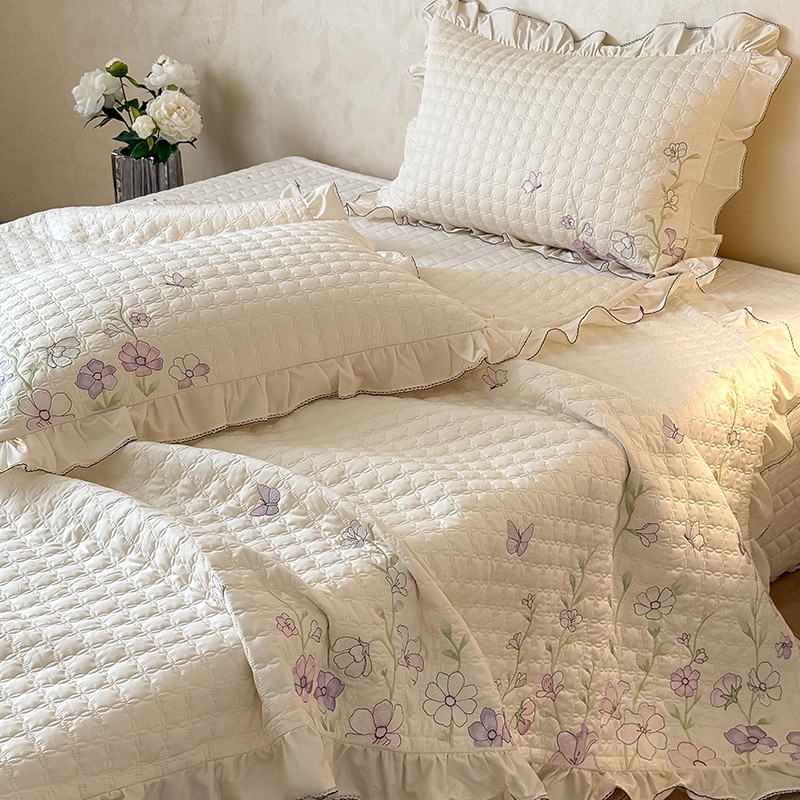 600TC Egyptian Cotton Flowers Embroidery Ruffles Quilted Bedspread, Bed Cover, Mattress Topper Cover