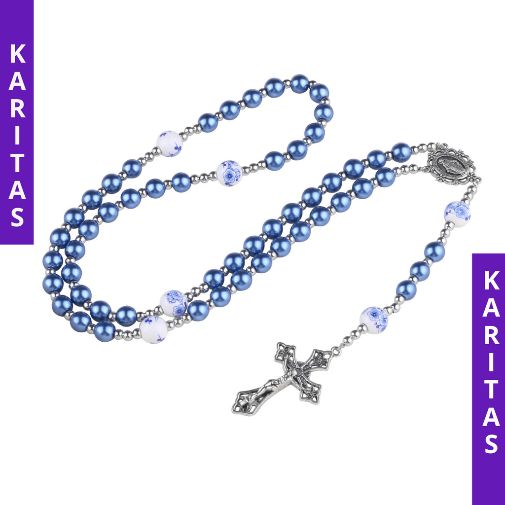 KALUNG ROSARIO BLUE GLOSSY – ROSARIO KALUNG KATOLIK MUTIARA SINTETIS 8MM / ROSARIO ASLI KONTAS