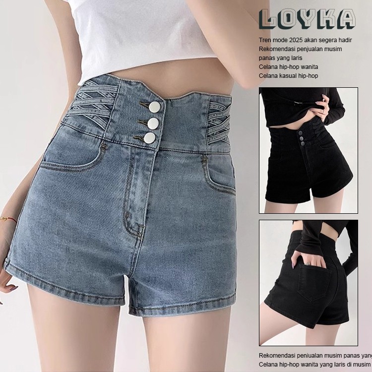 LAPAKSHOP Loyka Celana Jeans Pendek Korea / Celana Jeans Pendek Wanita Pinggang Tinggi hot pants wan