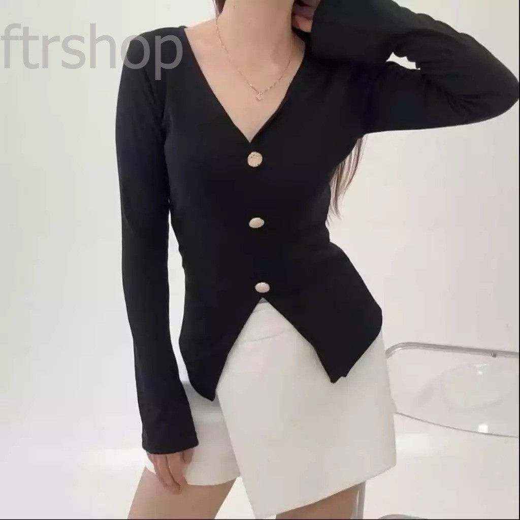 FTRSHOP l Jade Top - Atasan Wanita Lengan Terompet Top Knit V-Neck Kancing Lengan Panjang