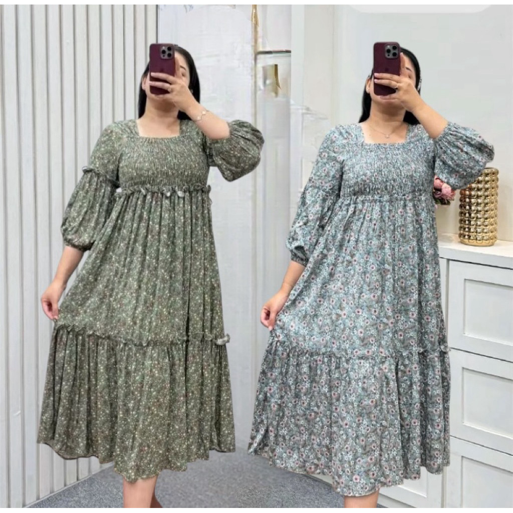 BRIGIXSHOP Dress Sabrina Rayon Wanita Jumbo Smoke Kekinian Karet Depan