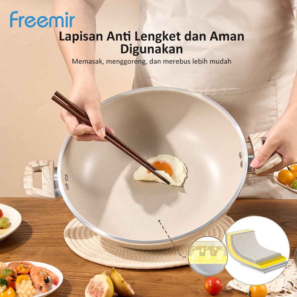 ARFSHOP [OFFICIAL] freemir Wokpan Beige 30 cm Dengan Tutup Kaca Panci Anti Lengket Wajan Granit Baha
