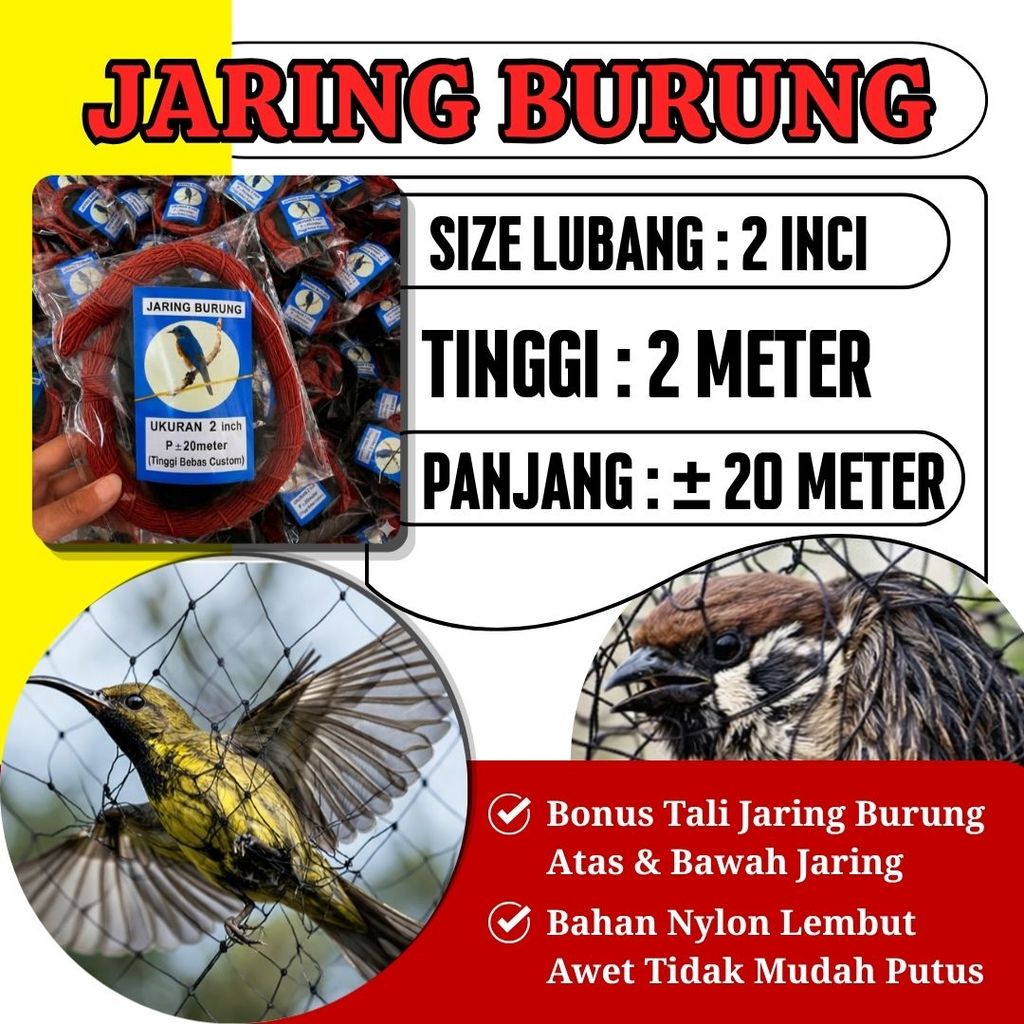 Jaring burung emprit siap pakai bonus tali Lubang Kecil 1 Jari 2" Bahan senar tebal 0.15mm. Ukuran j