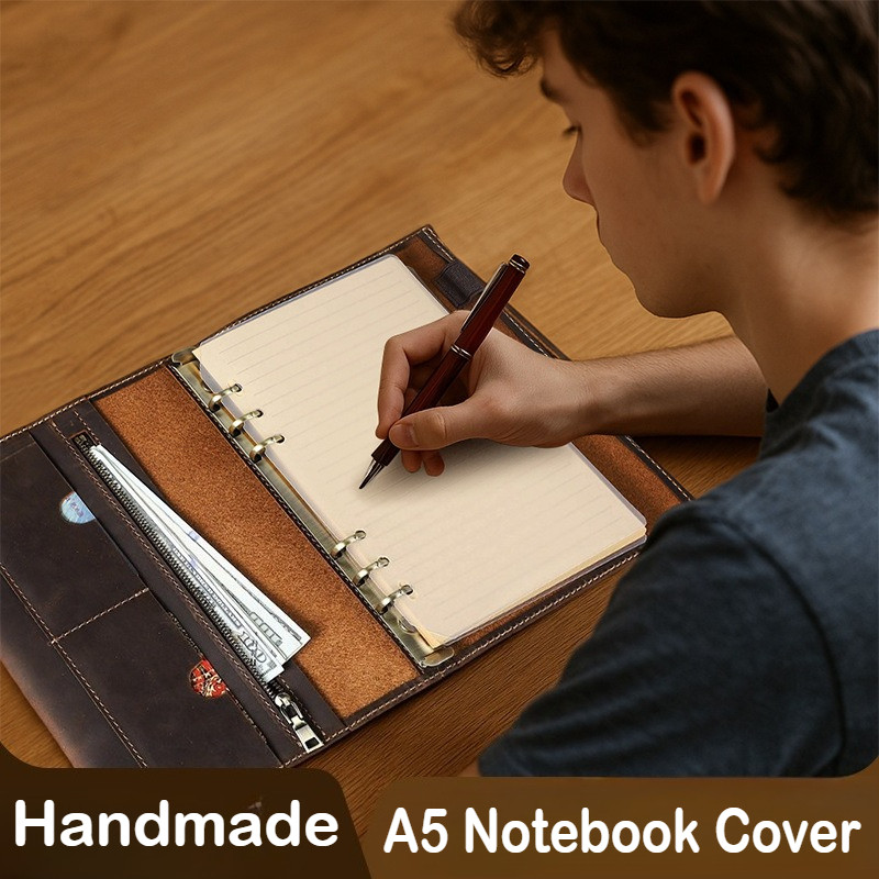 

A5 Genuine Leather Notebook Cover Crazy Horse 6-Ring Refillable Binder Handmade Cowhide Folio Organizer Office School Supplies