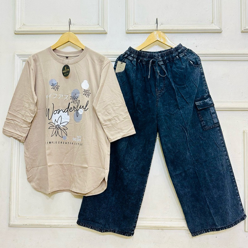 XERFARTZ Setelan Kulot Jeans Wanita Dewasa Atasan combed 20s Celana Jeans Kulot Cargo, Setelan Wanit