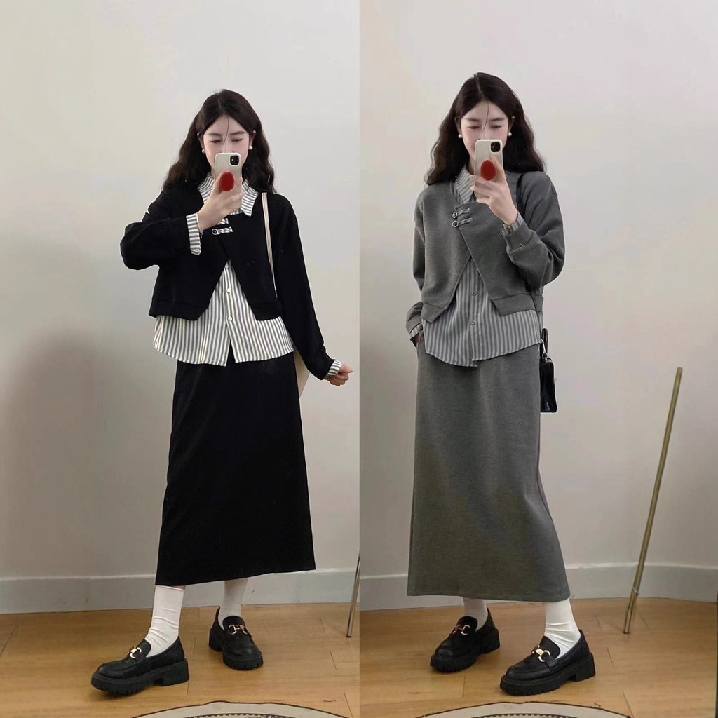 25-29820 Setelan Wanita. Women's Loose Fake Two-Piece Sweatshirt Skirt Two-Piece Set