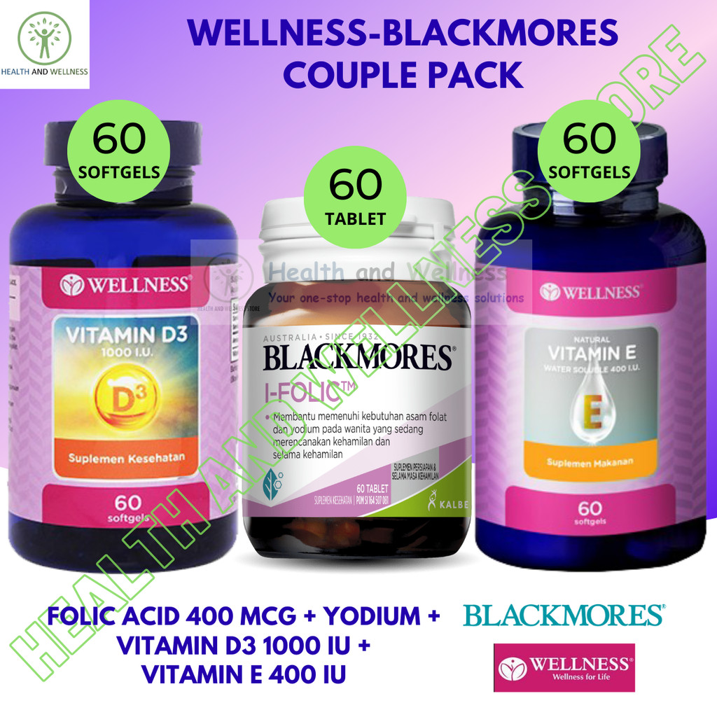 WELLNESS VITAMIN D3 1000 IU 60 VITAMIN E 400 IU 60 SOFTGELS BLACKMORES I FOLIC 60 TABLET PAKET
