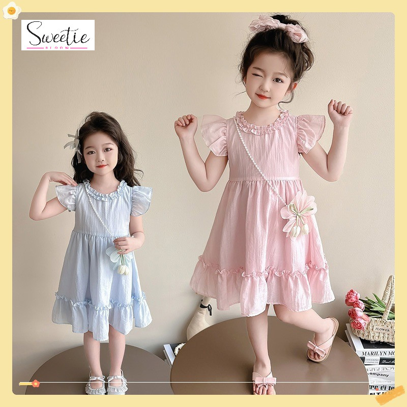 【Sweetie Bloom】Gaun Princess Anak Perempuan Lengan Terbang Rok Lipit Warna Ganda Pink Biru Muda Tas 