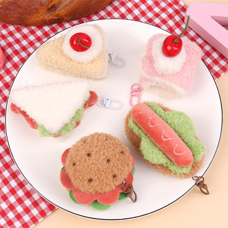 

Kawaii Simulation Food Plush Keychain Creative Sandwich Hamburger Cake Keyring Bag Pendant Key Accessories Couple Gifts