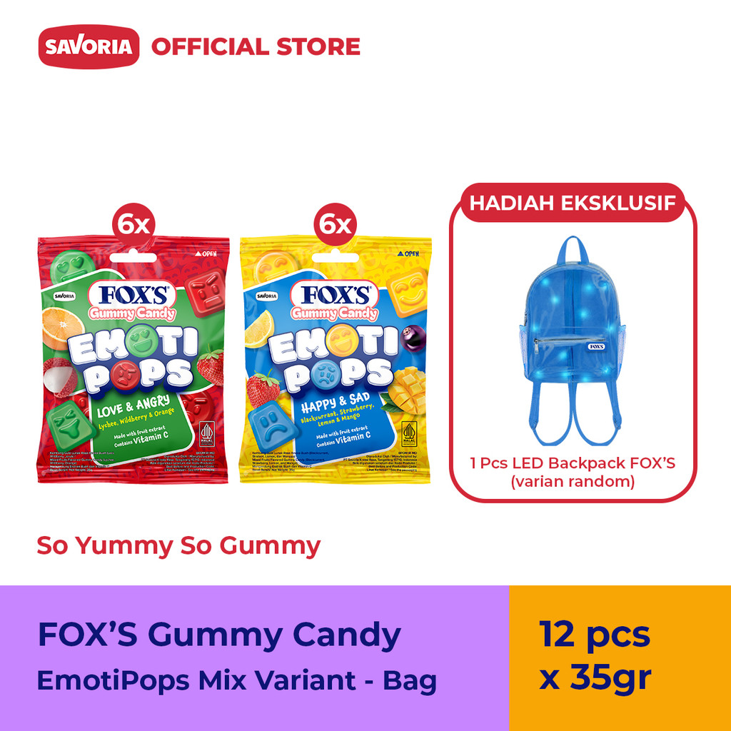 

FOX'S Gummy Candy EmotiPops Mix Variant 6Pcs x 35g Gratis 1 LED Backpack