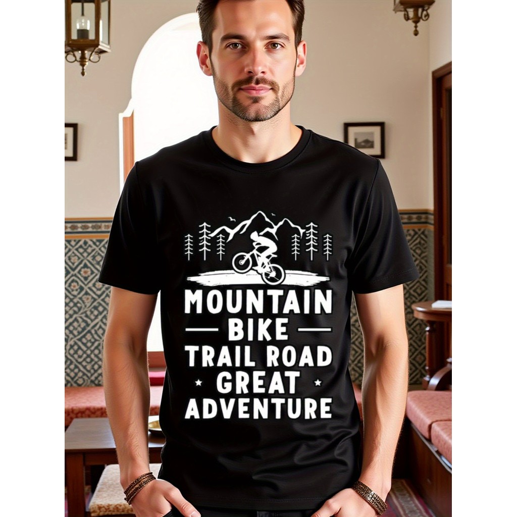 Kaos Pria Sepeda Gunung - Kaos Hitam, Lengan Pendek, Desain Petualangan Sepeda