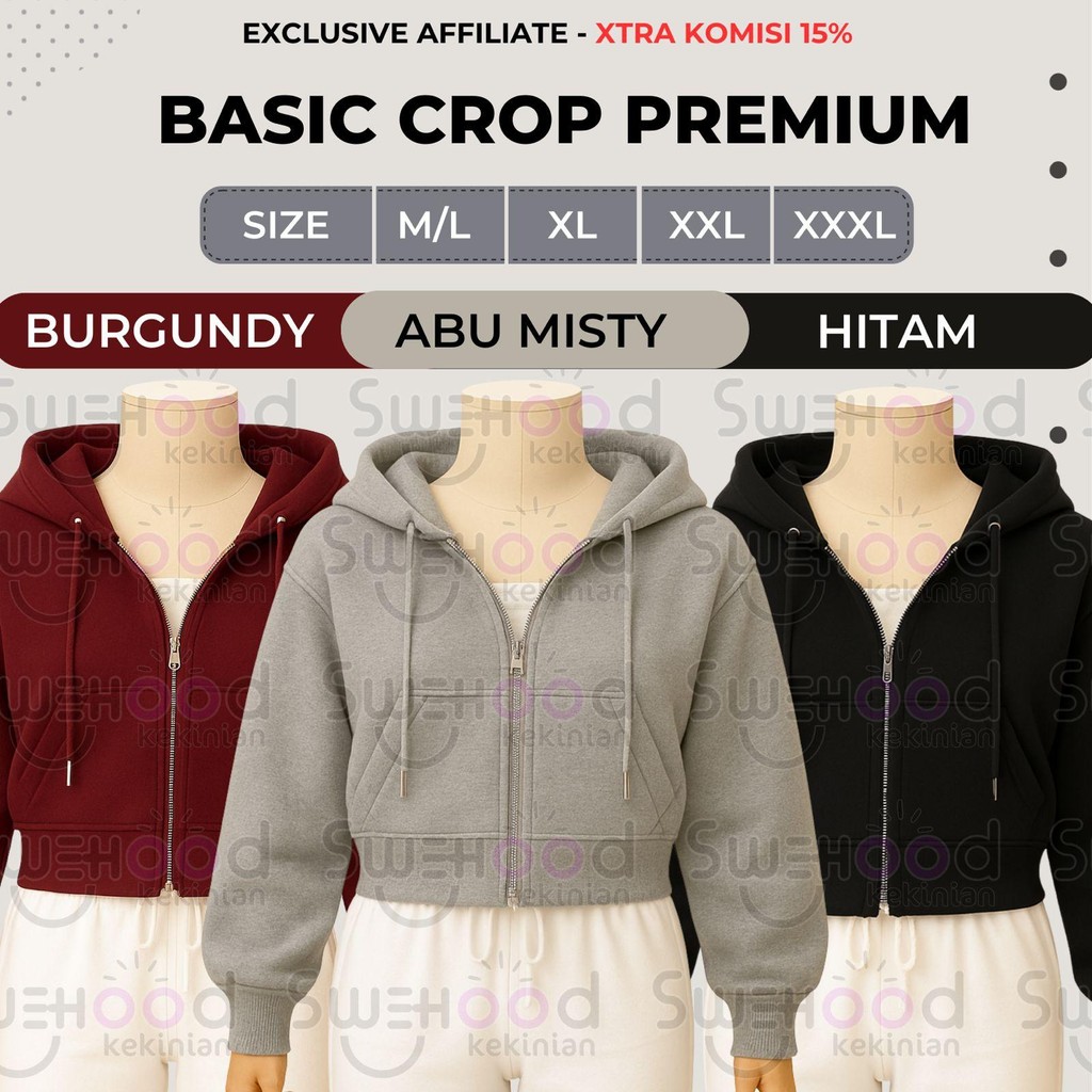 Exclusive Affiliate - Basic Crop Premium Jaket Hoodie Zipper Wanita Kekinian Korea - Xtra Komisi 15%