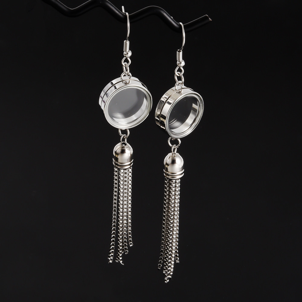 1Pair Stainless Steel Personality Round Glass Memory Locket Women Dangle Aretes Hip Hop Long Tassels