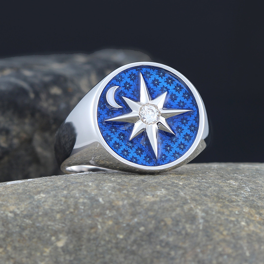 North Star Sky Moon Polaris Blue Sterling Silver Ring