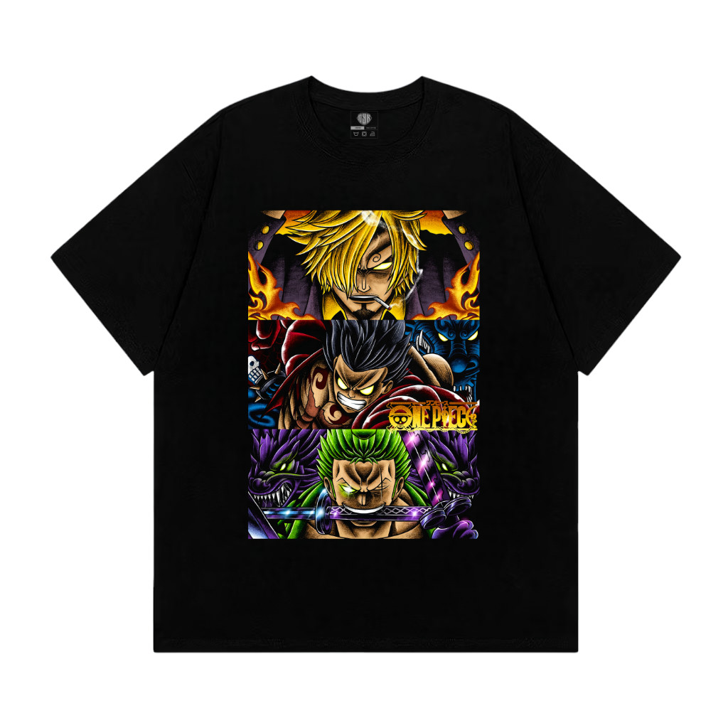 OYB Kaos One Piece Trio Monster Luffy Zoro Sanji Anime T-Shirt Baju Pria dan Wanita Lengan Pendek
