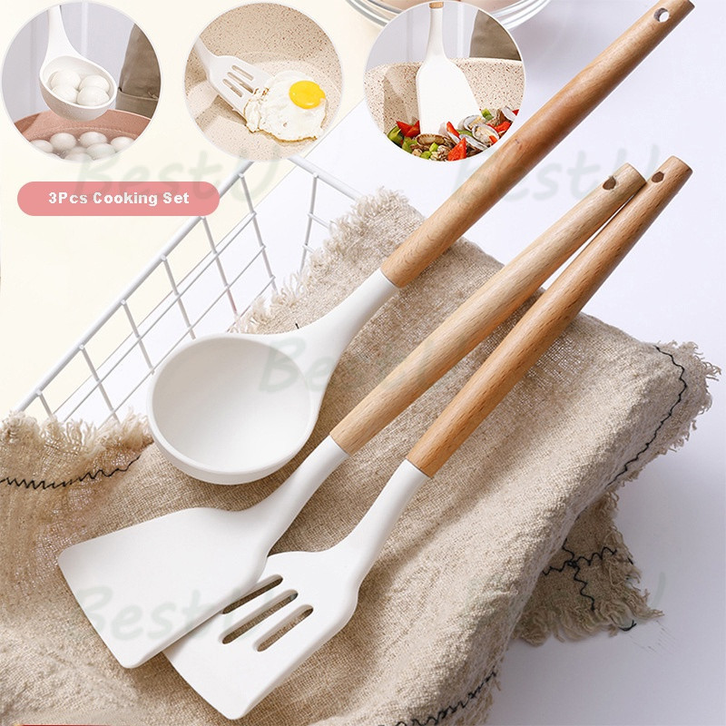 Silicone Utensil Set 3pcs/Silicone Spatula With Wooden Handle/Silicone Utensil Spatula /Peralatan Ma
