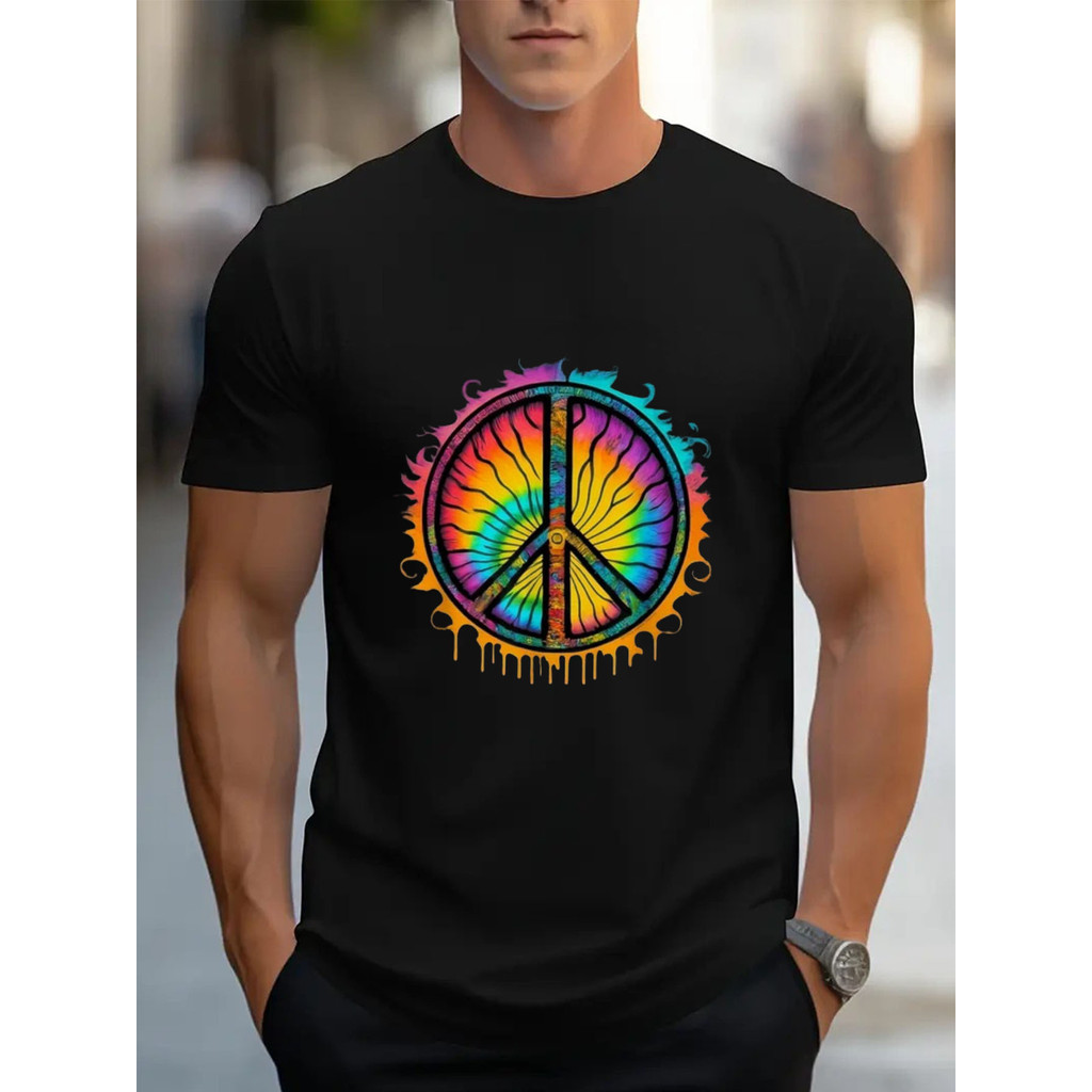 1pc Kaos Grafis Tanda Perdamaian Tie-Dye Gaya Hippie Pria - Ukuran Besar Santai Lengan Pendek Leher 