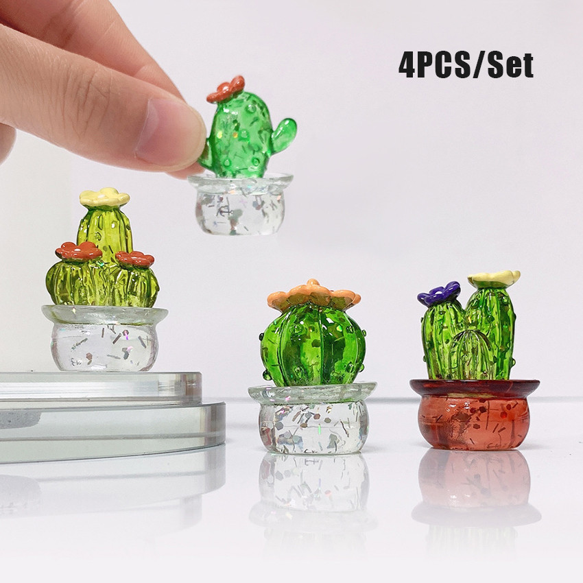 4Pcs/Set Miniatur Kaktus Resin Transparan 3cm – Unik sebagai hiasan meja, terrarium, akuarium mini &