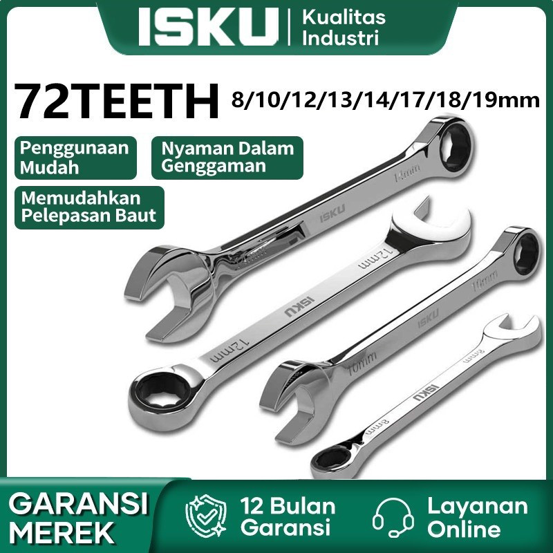 Isku Kunci Rachet set 72gigi 8-19mm Kunci Pas Set Kunci Rachet Bolak Balik Kunci Ring Pas Rachet