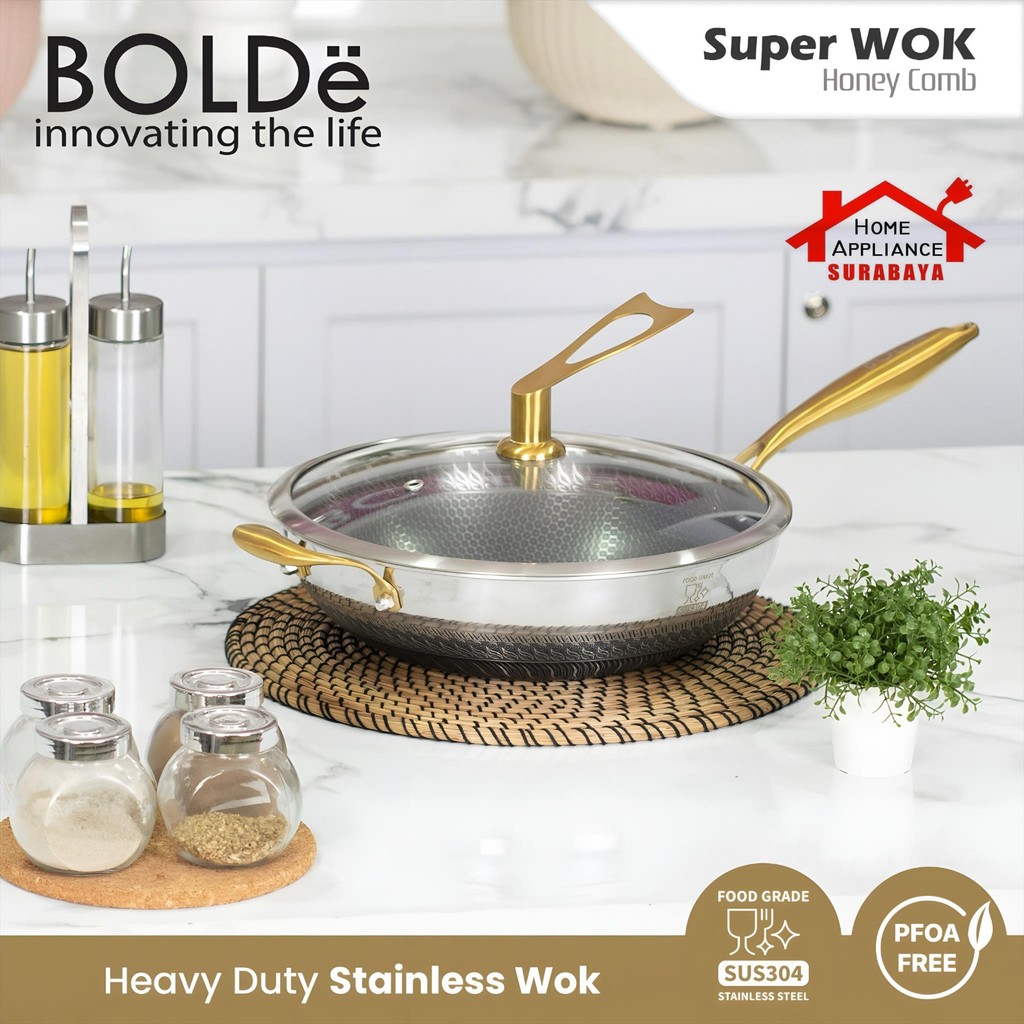 BOLDe - Kitchen Master Super Wok Honeycomb 32 CM - Wajan Stainless Steel SUS 304 dengan Tutup Kaca