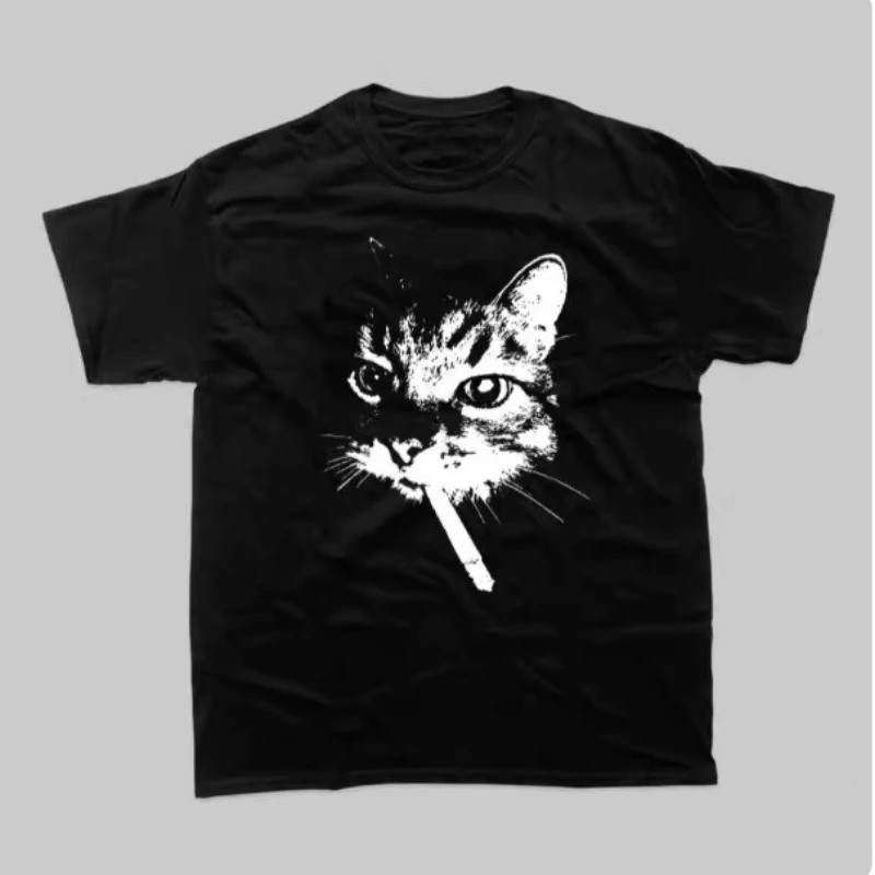 Pakaian jalanan Kaos Pria Lengan Pendek Longgar dengan Cetakan Pribadi Retro Trendy Kucing Merokok J