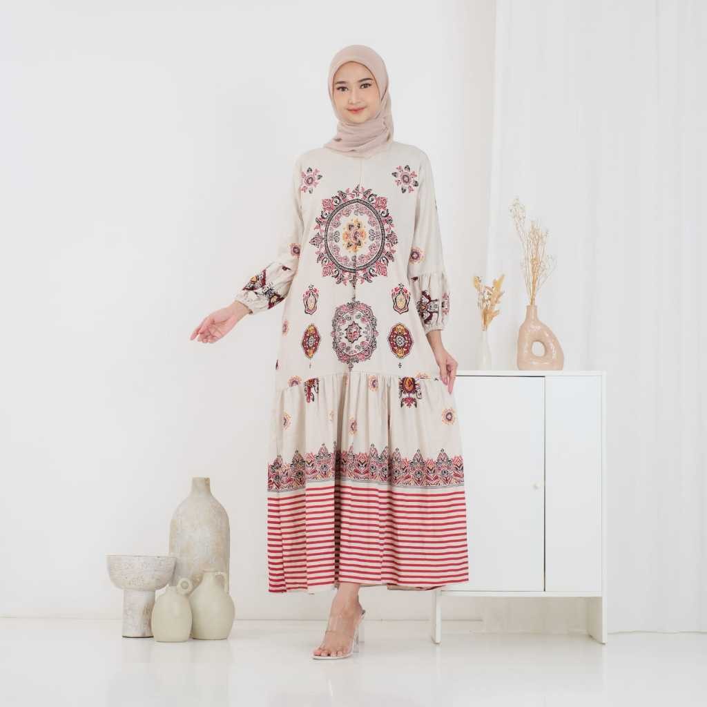 Gamis Arumi Dress Rayon Rempel Busui Lengan Panjang Balon Batik Adem Tebal Nyaman