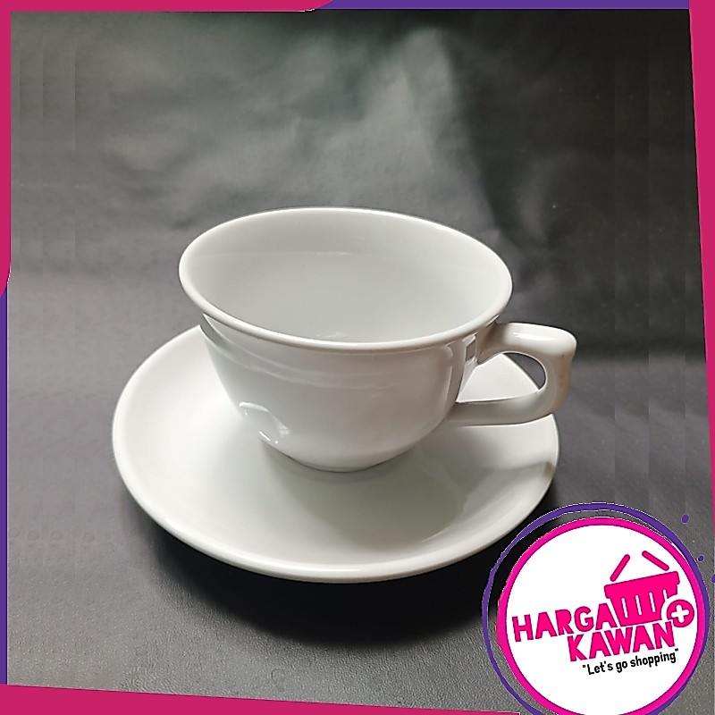 Cangkir Berserta Pisin bahan keramik tebal warna putih cocok untuk minum kopi dan teh ukuran 250ml