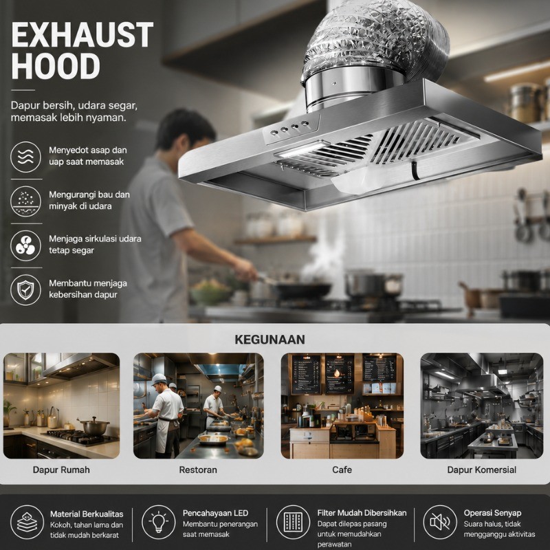 Exhaust Hood Kitchen Stainless Steel Hexos Dapur 880watt untuk dapur Restoran,Kafe,dll
