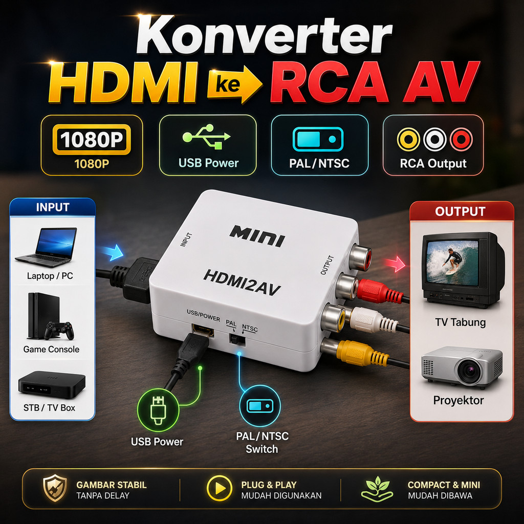Konverter HDMI ke RCA AV Adapter TV Tabung Sambungan Laptop Proyektor Kuning Putih Merah Solusi Nont