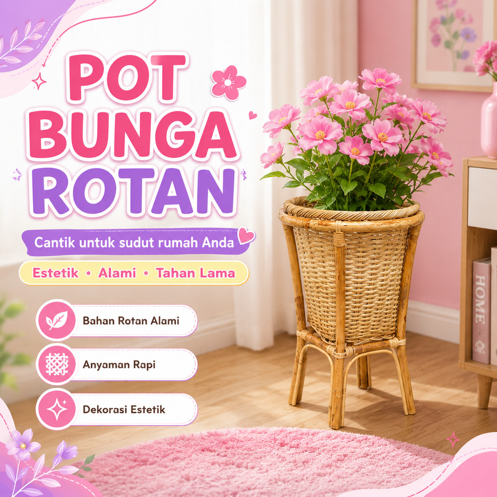 Pot Bunga Rotan Natural Kaki Standing Dekorasi Ruang Tamu dan Teras