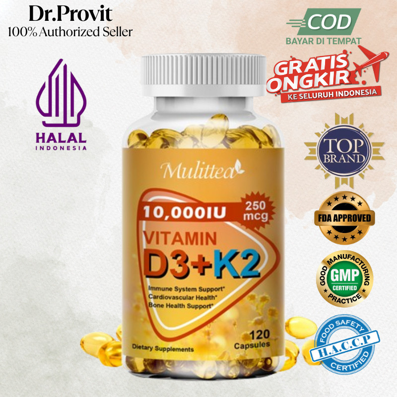 Mulittea Vitamin D3 10.000 IU dan K2 MK-7 200 mcg Softgel Suplemen Harian Isi 120 Kapsul Produk USA