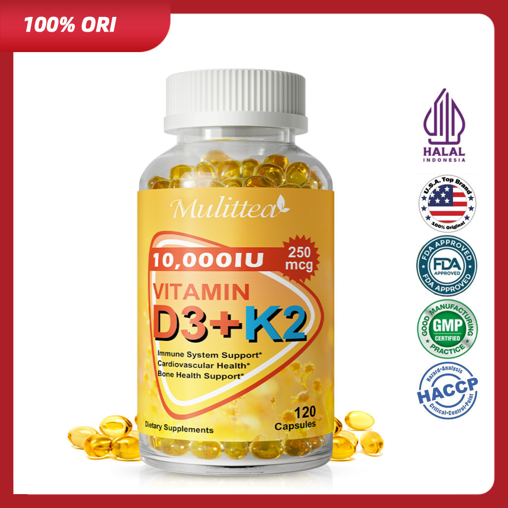 Mulittea Vitamin D3 10.000 IU dan K2 MK-7 200 mcg Softgel Suplemen Harian Isi 120 Kapsul Produk USA