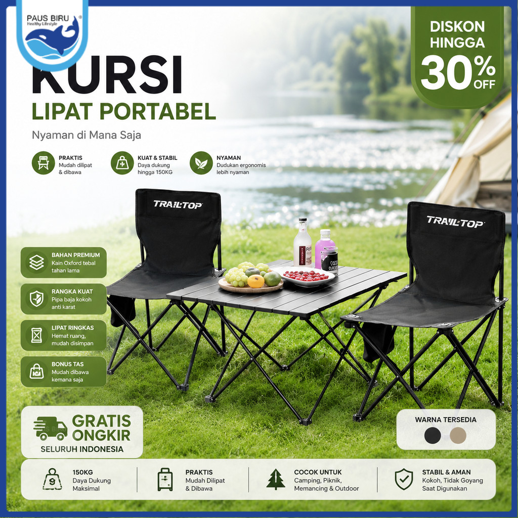 Paus Biru - Meja Camping Dan Kursi Lipat Outdoor Serbaguna | Meja Lipat Piknik Portable Besi Kuat Ko