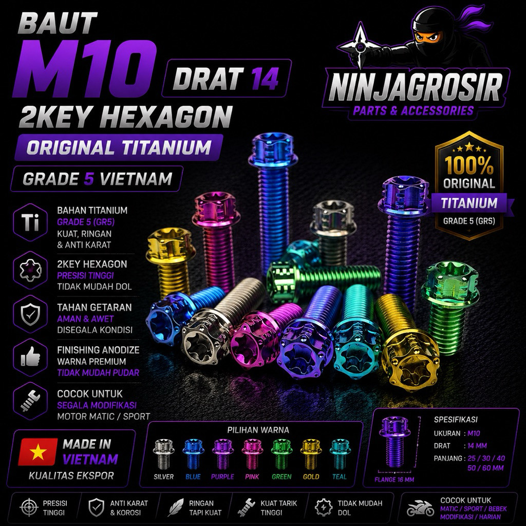 BAUT M10 drat 14 2KEY / 2KUNCI / HEXAGON TITANIUM GRADE 5 VIETNAM HARGA 1BIJI